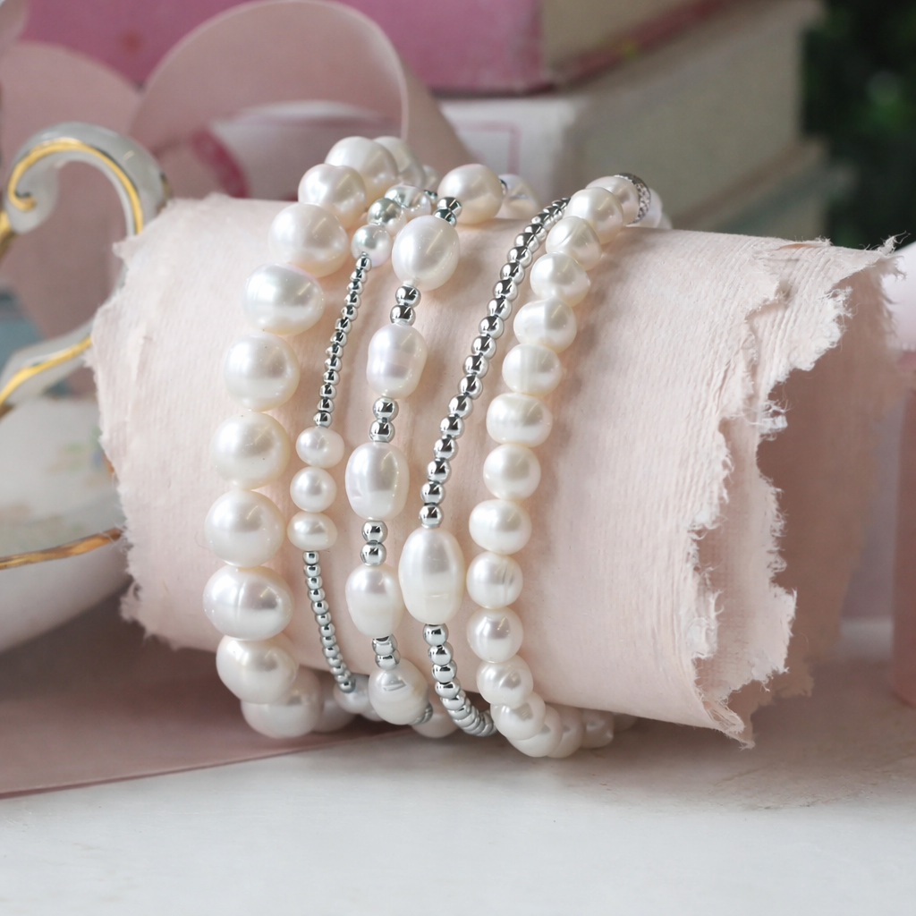 Lenny & Eva: Silver Beaded Pearl Bracelet