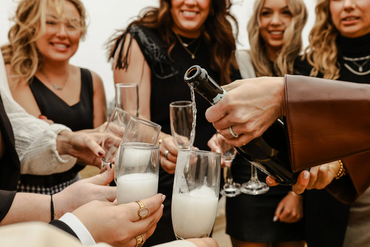 A group raising glasses in a toast at Oh Baby Salon and Spa in Bloomington, Illinois